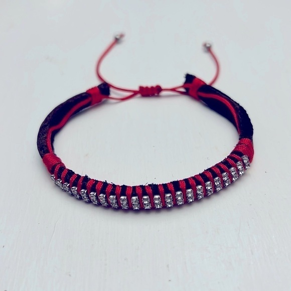 Rhinestone Leather Macrame Red Bracelet - Picture 1 of 6